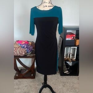 Connected Apparel Black And Teal Sheath Dress Bateau Neckline 1/2 Sleeves